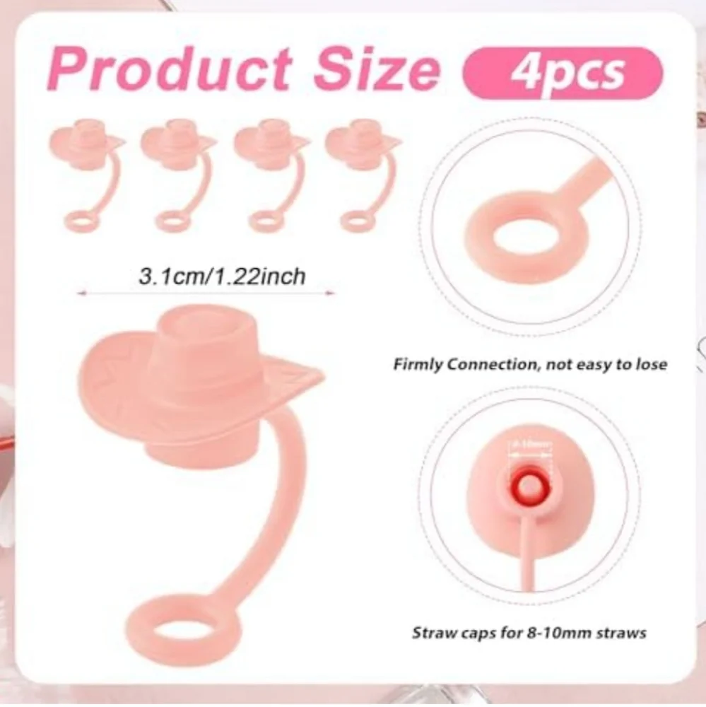 4pcs Silicone Cowgirl Hat Reusable Straw Toppers for 8-10mm Straws - NIP